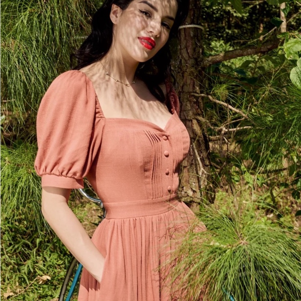 Handmade Linen Midi Dress, puffed sleeves and sweetheart neckline